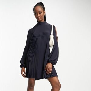 ASOS TALL Elegant Party Navy Dark Blue Slit Sleeves Pleated Shift Dress 4